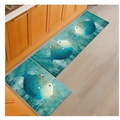 Three teal and blue fish machine washable door mats with textured watercolor design for kitchen use