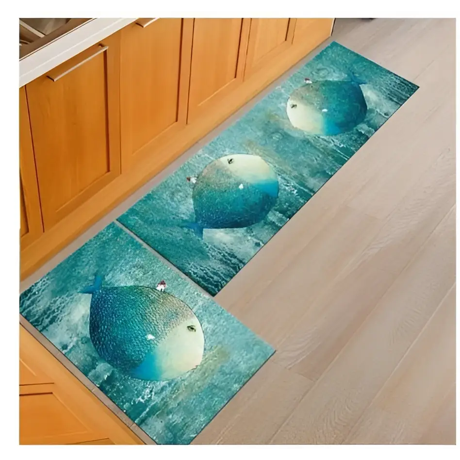 Three teal and blue fish machine washable door mats with textured watercolor design for kitchen use
