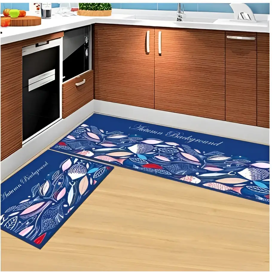 Blue fish machine washable door mat with vibrant pink white and light blue stylized fish pattern for entryways