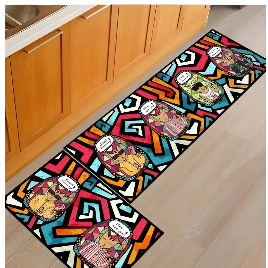 Vibrant geometric-patterned blue fish machine washable door mat featuring colorful cartoon fish design for entryways