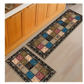 Two blue fish machine washable door mats with colorful patchwork squares and black borders for indoor or outdoor use