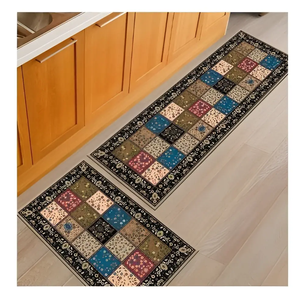 Two blue fish machine washable door mats with colorful patchwork squares and black borders for indoor or outdoor use