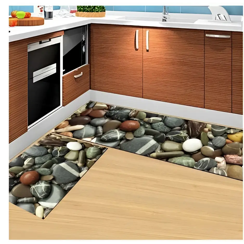 Stunning blue fish machine washable door mats with stone-patterned pebble textures in gray brown and white tones