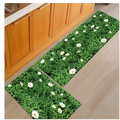 Blue fish machine washable door mat featuring green grass pattern with white daisies for washable door mats use