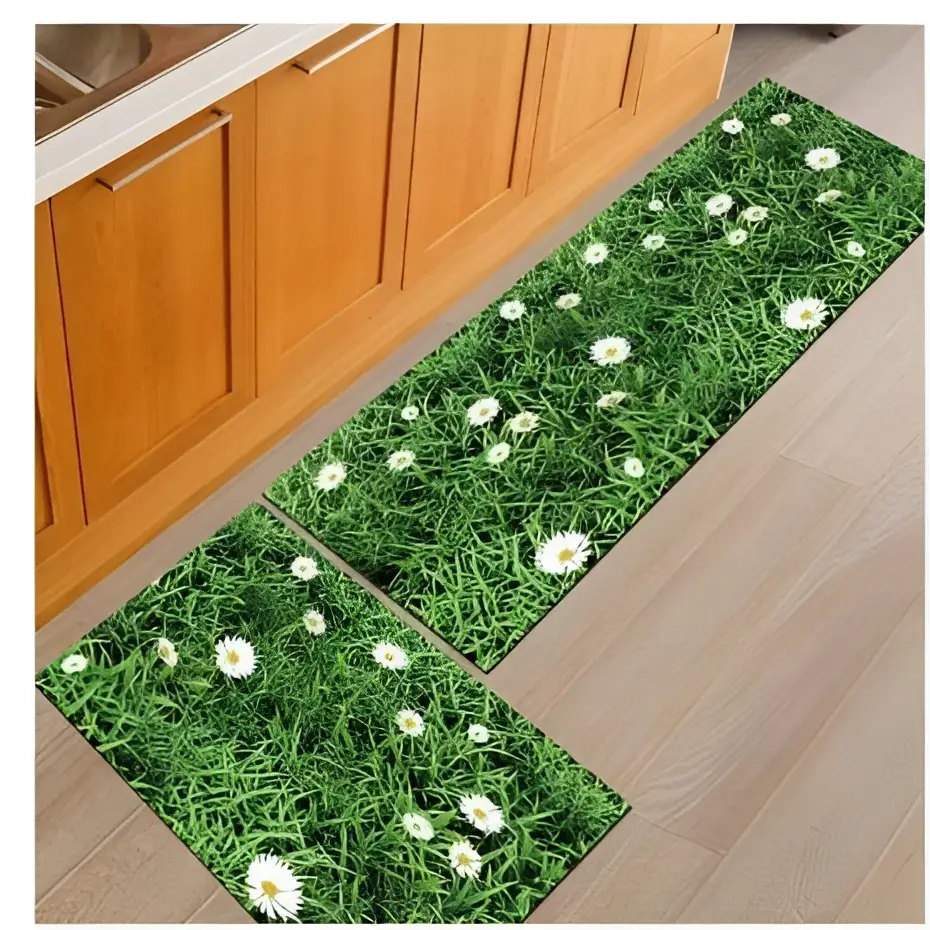 Blue fish machine washable door mat featuring green grass pattern with white daisies for washable door mats use