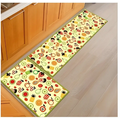 Blue fish machine washable door mats featuring a fruit-patterned kitchen mat with light yellow background and green border