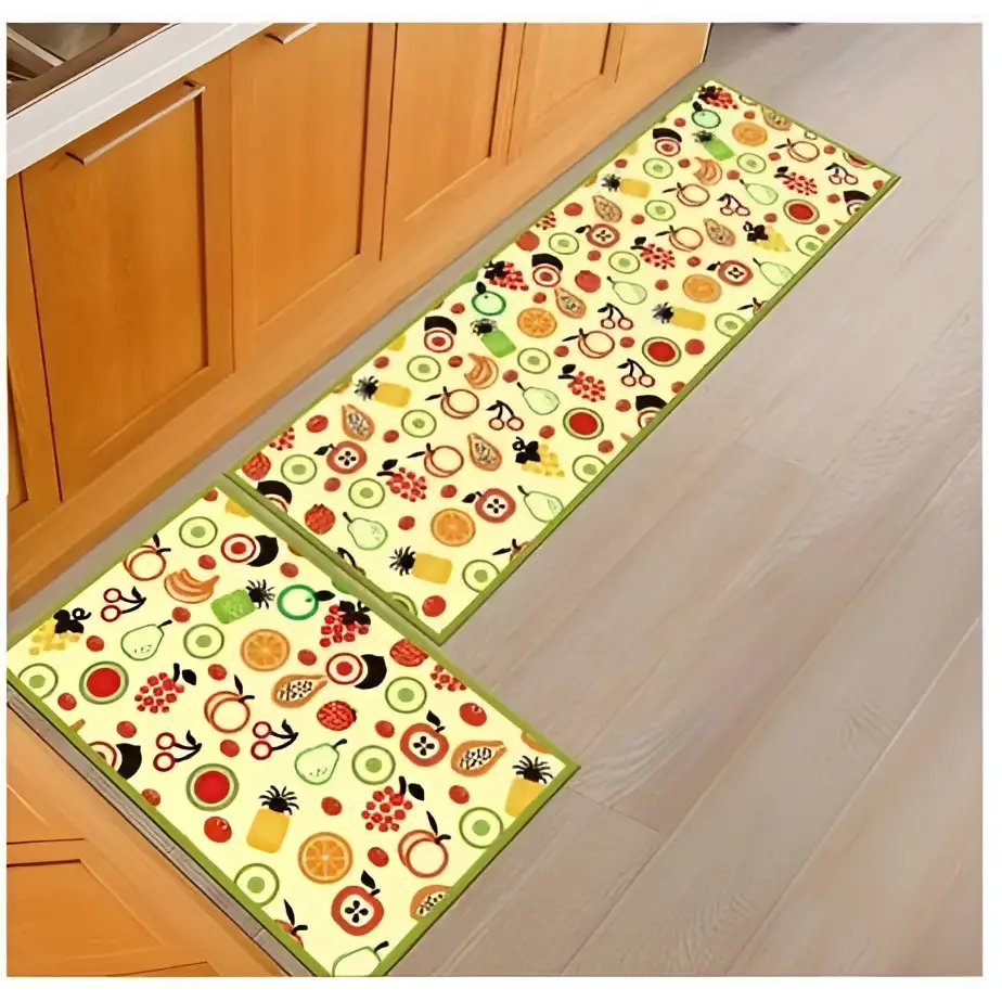 Blue fish machine washable door mats featuring a fruit-patterned kitchen mat with light yellow background and green border
