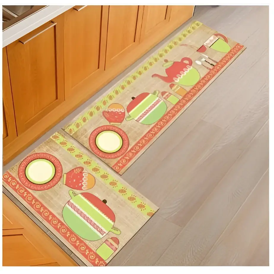 Two beige rectangular kitchen mats with colorful teapot and plate illustrations from blue fish machine washable door mats