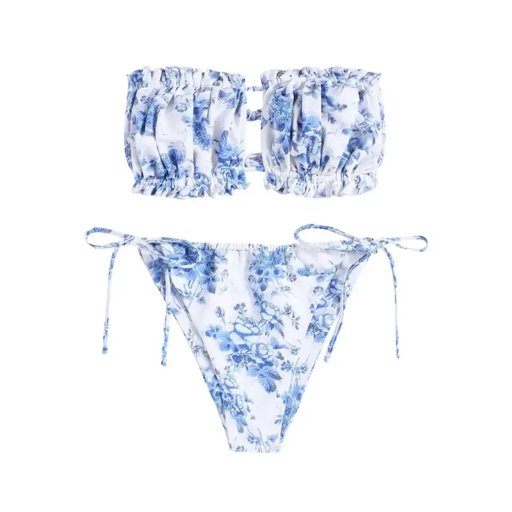 Blue floral high cut bandeau bikini set with ruched top and tie-side bottoms in blue and white floral print