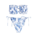 Blue floral high cut bandeau bikini set with ruched top and tie side bottoms in blue and white floral print