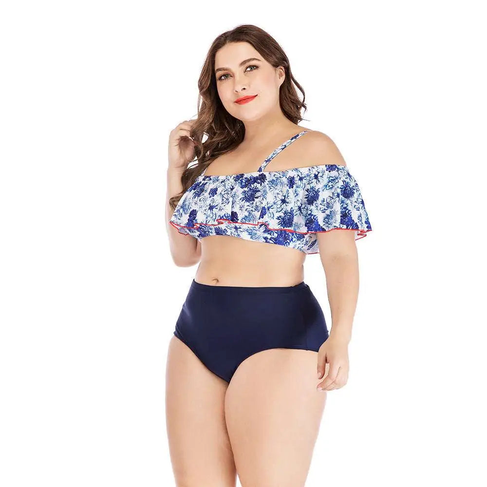 Blue floral printed plus size swimsuit with white floral off-the-shoulder ruffled bikini top and navy high-waisted bottoms