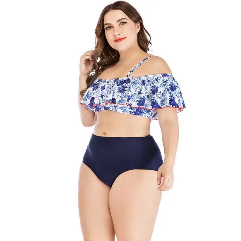 Blue floral printed plus size swimsuit with white floral off-the-shoulder ruffled bikini top and navy high-waisted bottoms