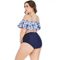 Blue floral printed plus size swimsuit featuring white floral off the shoulder top with ruffled hem and navy swim bottoms