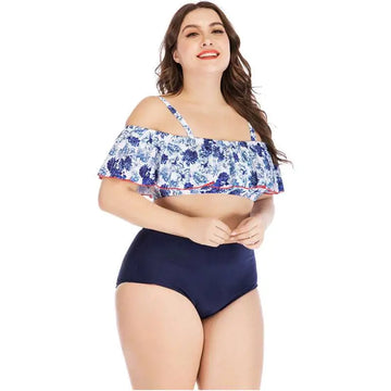 Blue floral printed plus size swimsuit with off-the-shoulder ruffled top and navy high-waisted bottoms