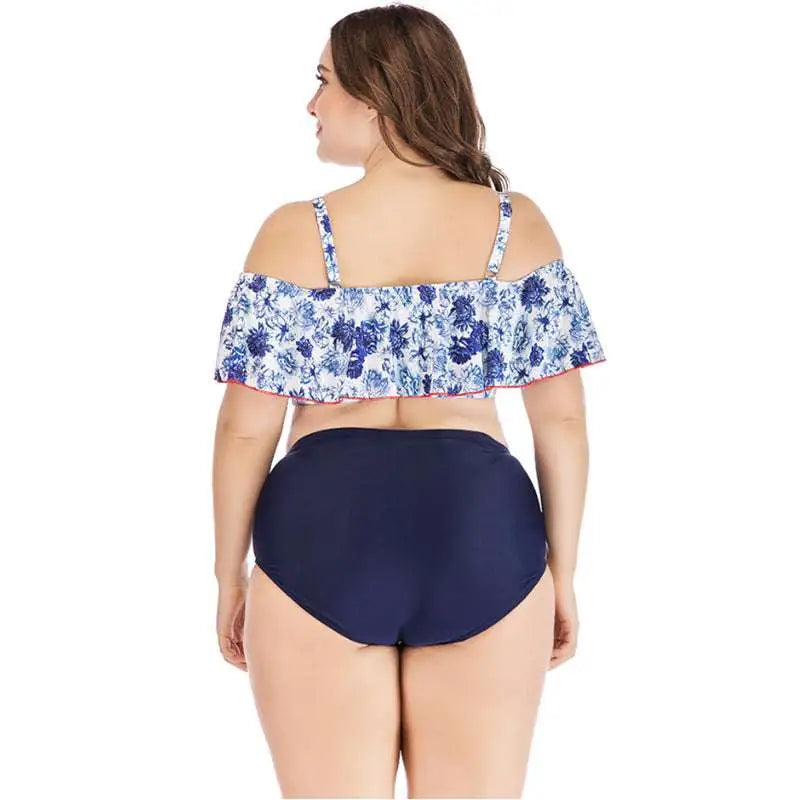 Blue floral printed plus size swimsuit with white floral off-the-shoulder ruffled bikini top and navy high-waisted bottoms