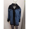 Blue fur trim denim long sleeve coat featuring a blue denim long design with black faux fur collar and cuffs