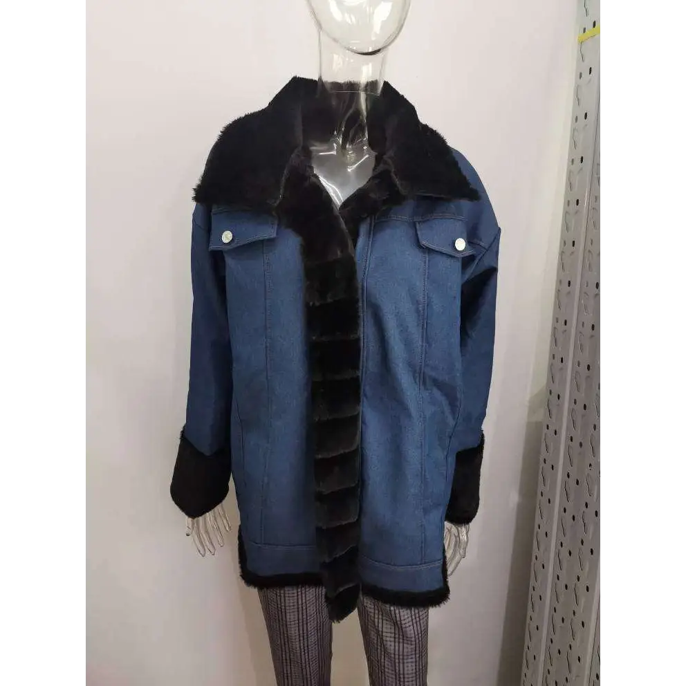 Blue fur trim denim long sleeve coat featuring a blue denim long design with black faux fur collar and cuffs