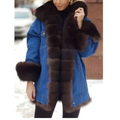 Blue fur trim denim long sleeve coat featuring a blue denim long sleeve design with dark brown fur trim accents