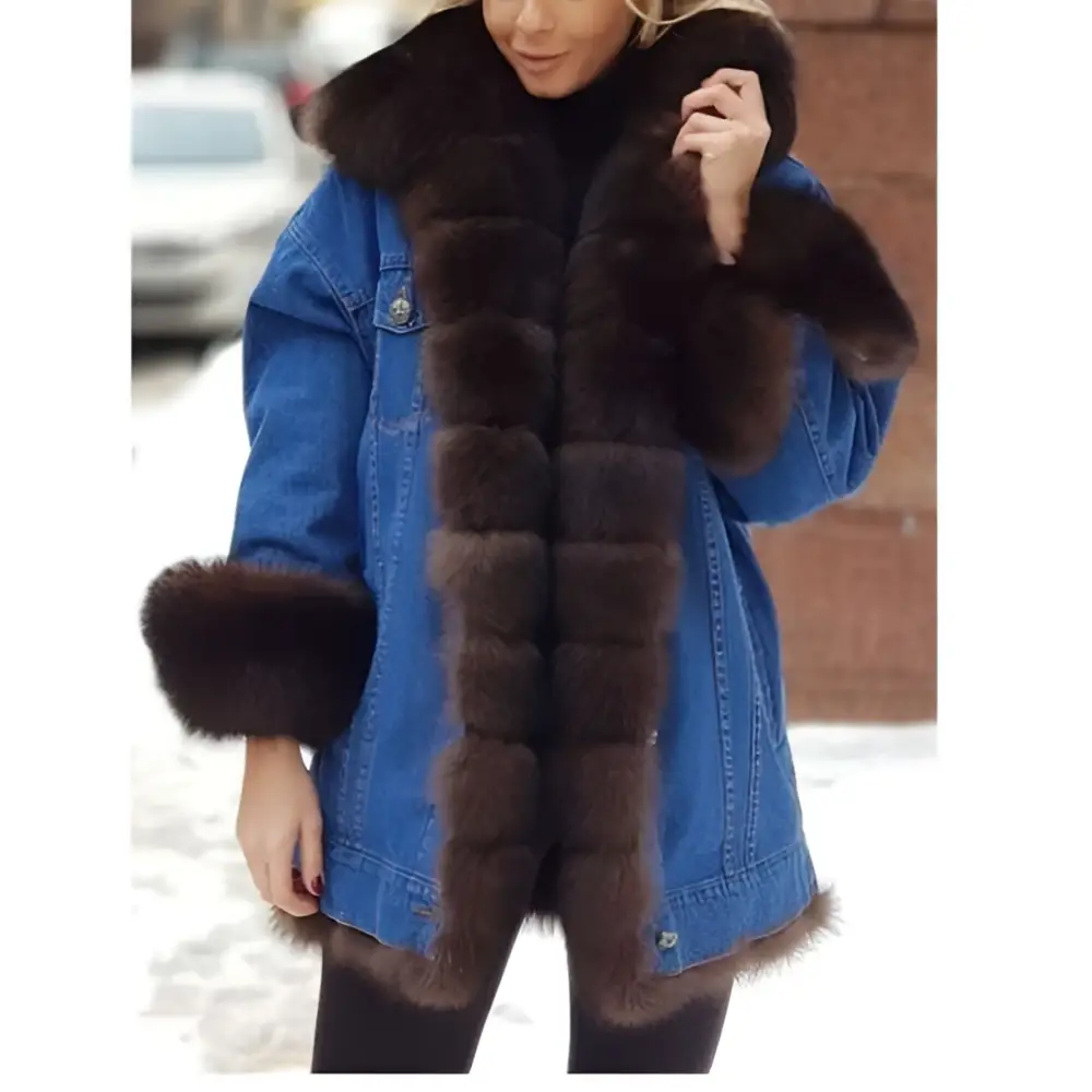 Blue fur trim denim long sleeve coat featuring a blue denim long sleeve design with dark brown fur trim accents