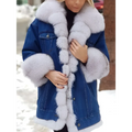 Blue denim long sleeve coat with light gray fur trim on collar cuffs and front placket for stylish warmth