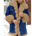 Blue denim long sleeve coat with tan fur trim on collar cuffs and front placket featuring durable denim fabric