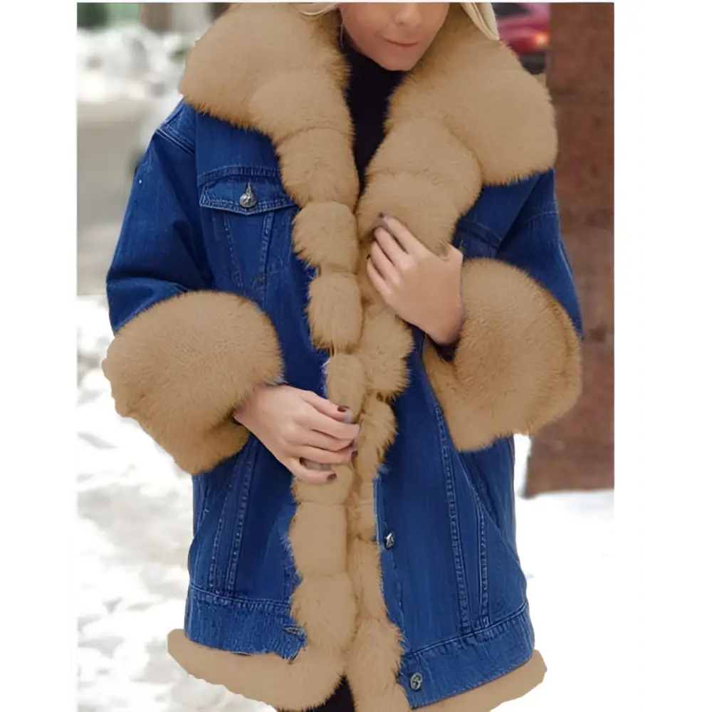 Blue denim long sleeve coat with tan fur trim on collar cuffs and front placket featuring durable denim fabric