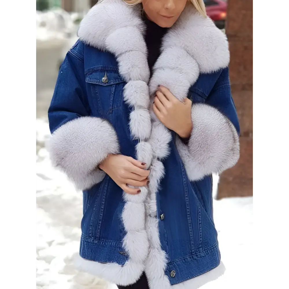 Blue fur trim denim long sleeve coat featuring a blue denim long jacket with light gray fur trim on collar cuffs and placket
