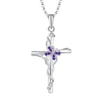 Sterling silver women gemstone cross necklace with blue gemstone cross and vine design featuring amethyst and diamonds