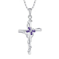Silver cross pendant necklace with delicate vine design featuring purple amethyst stones and accent diamonds sterling silver women gemstone cross necklace