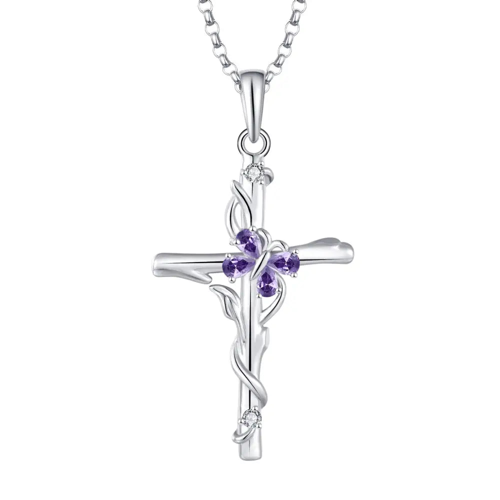 Silver cross pendant necklace with delicate vine design featuring purple amethyst stones and accent diamonds sterling silver women gemstone cross necklace