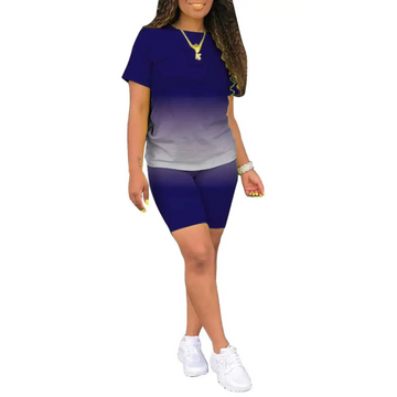 Blue gradient two piece summer vacation jogger sets featuring navy blue to gray short-sleeve top and matching shorts