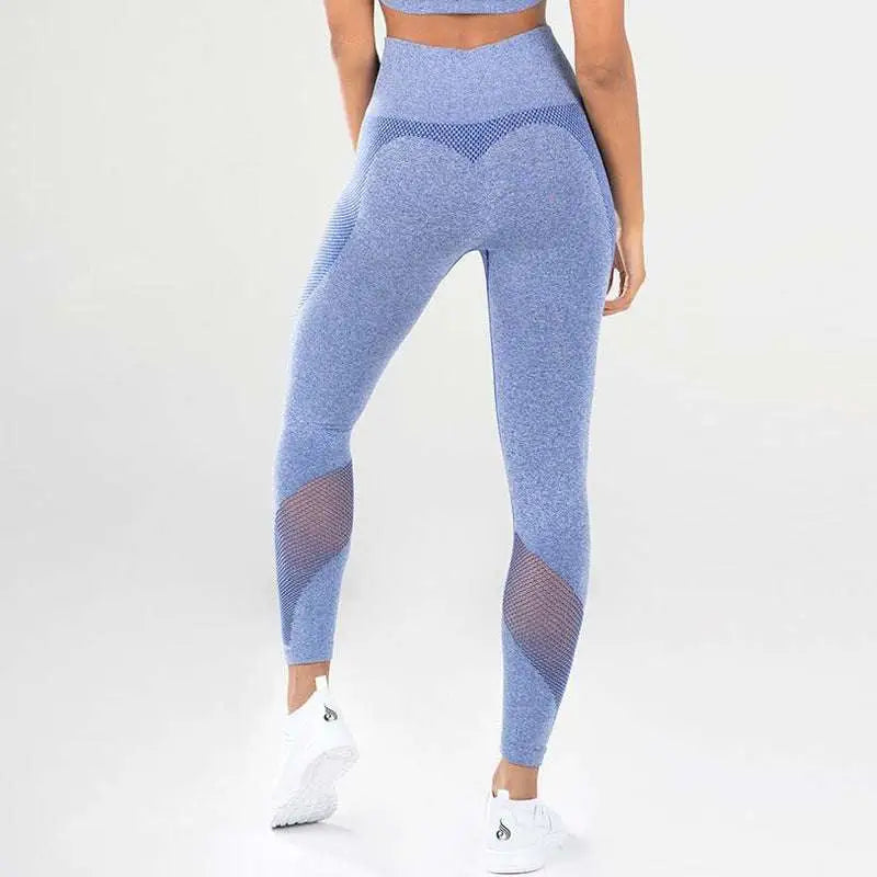 Blue heathered mesh yoga fitness leggings with high waist and mesh panel accents for enhanced breathability