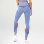 Blue heathered mesh yoga fitness leggings with high waist and mesh panel accents for enhanced breathability