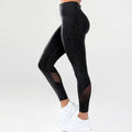 Black textured leggings with blue heathered mesh panels on the sides for mesh yoga fitness activities