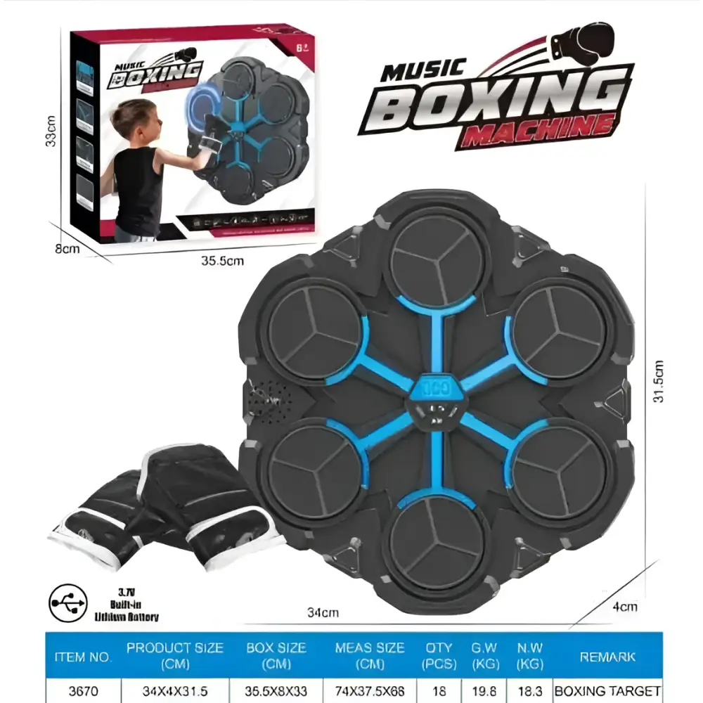 Black and blue hexagonal boxing target with bluetooth music feature and central control panel with led lights