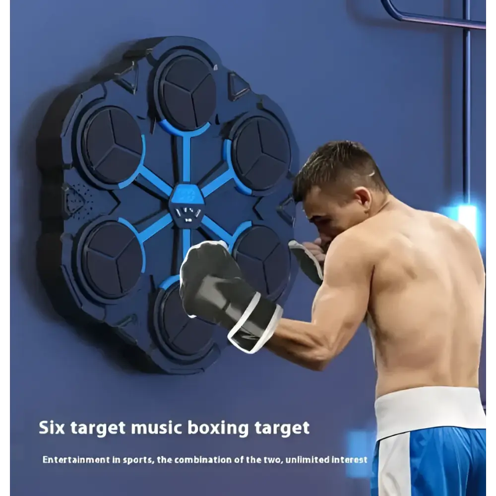Black and blue hexagonal boxing target with six music bluetooth targets and LED lights for bluetooth music home use