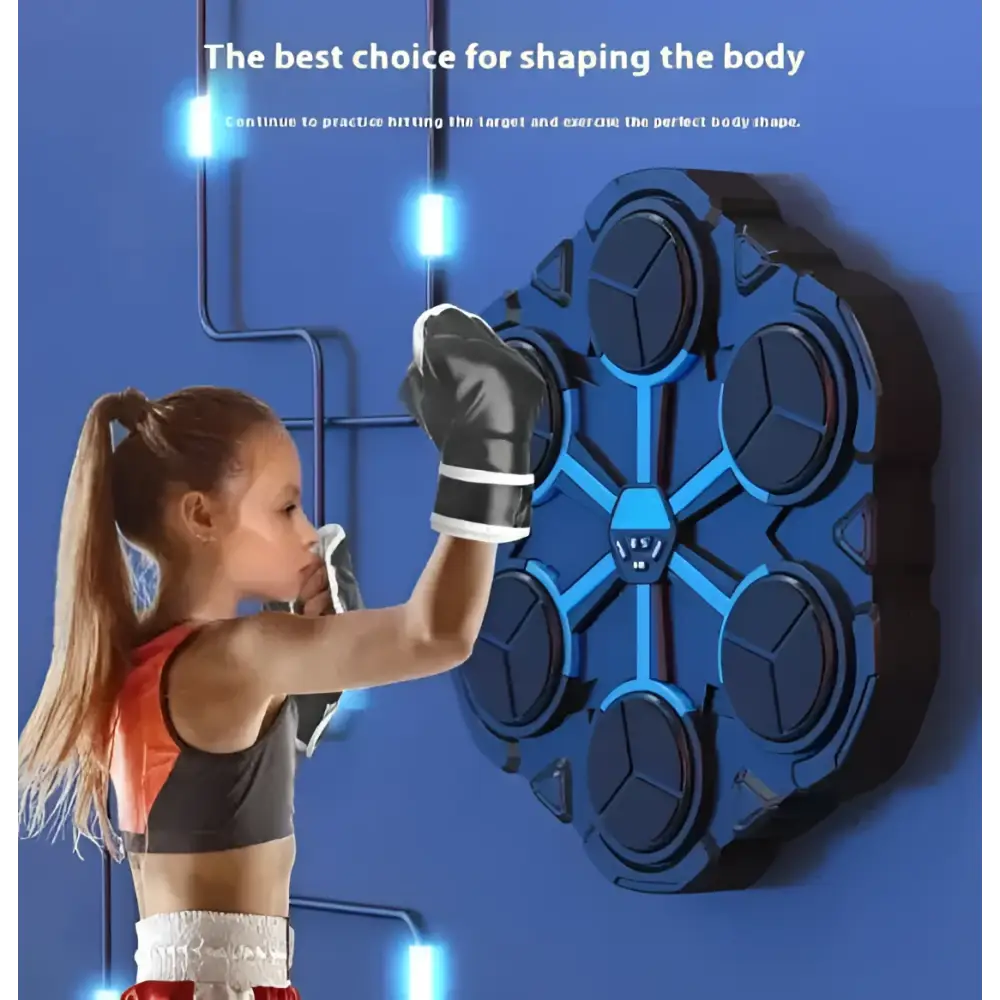 Blue hexagonal boxing target with six circular impact zones and central hub featuring bluetooth music home connectivity