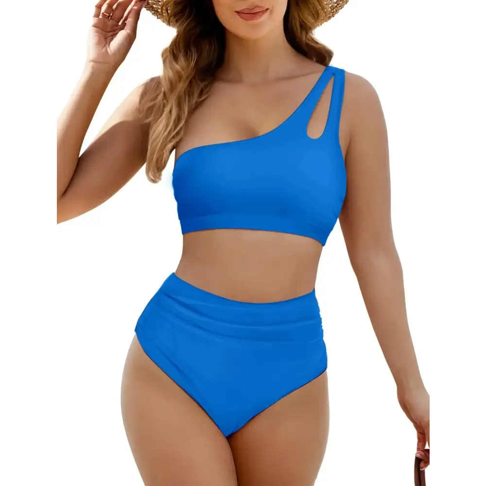 Bright blue high waisted tummy control bikini with one-shoulder cutout strap for womens swimsuits