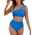 Bright blue high waisted tummy control bikini with one-shoulder cutout strap for womens swimsuits