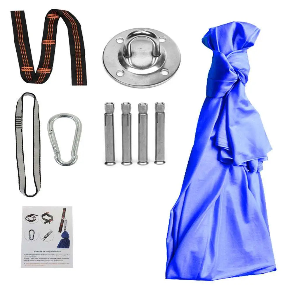 Blue satin therapy swing with hardware designed for indoor outdoor use featuring daisy chains and cuddle swing style