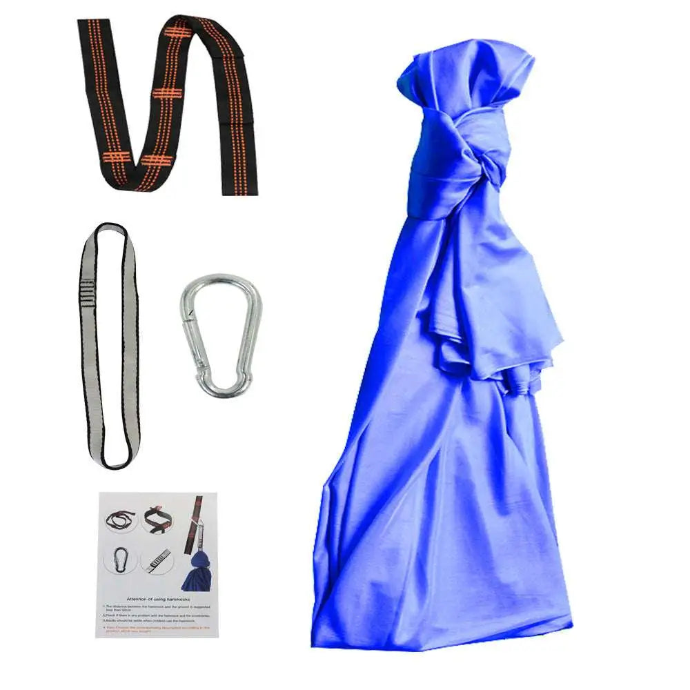 Vibrant blue satin cooling towel for blue indoor outdoor therapy swing with hardware and daisy chains accessory