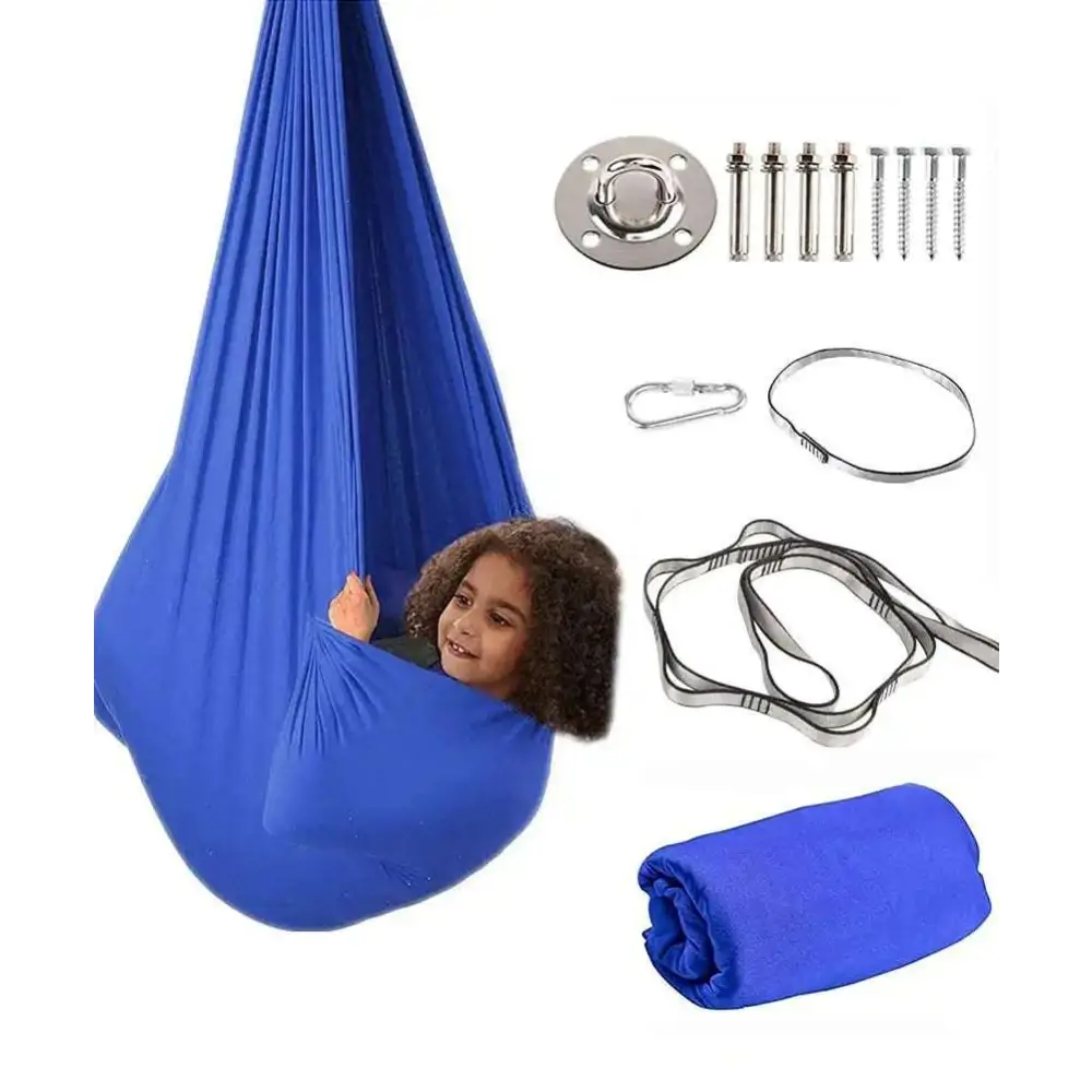Blue indoor outdoor therapy swing with metal hardware and daisy chains designed as a durable cuddle swing