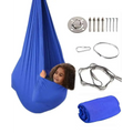 Blue indoor outdoor therapy swing with metal hardware and daisy chains designed as a durable cuddle swing