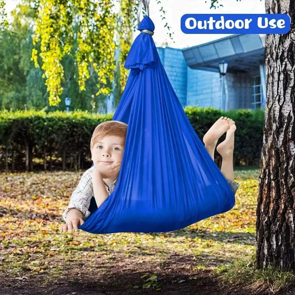 Blue indoor outdoor therapy swing with metal hardware and daisy chains designed as a durable cuddle swing