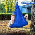 Blue indoor outdoor therapy swing made of bright blue fabric with hardware and daisy chains for secure suspension