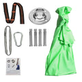 Blue indoor outdoor therapy swing with hardware featuring a bright green satin hammock sling and daisy chains