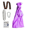 Blue indoor outdoor therapy swing with purple satin cuddle swing fabric, ruffled design, tied knot, and daisy chains hardware