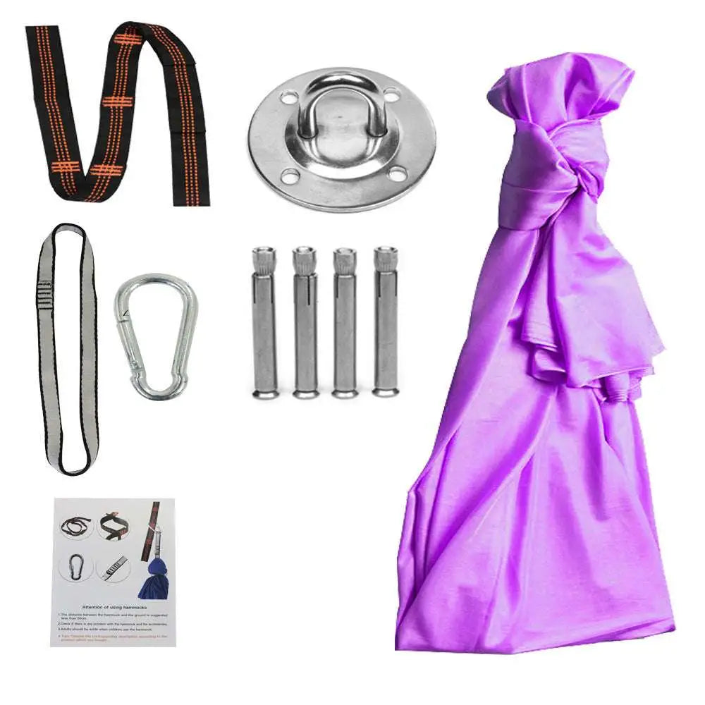 Vibrant purple satin therapy swing with ruffled edges and gathered top featuring daisy chains for indoor outdoor use