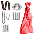 Vibrant red satin therapy swing sling with gathered top and flowing drape for cuddle swing and daisy chains use