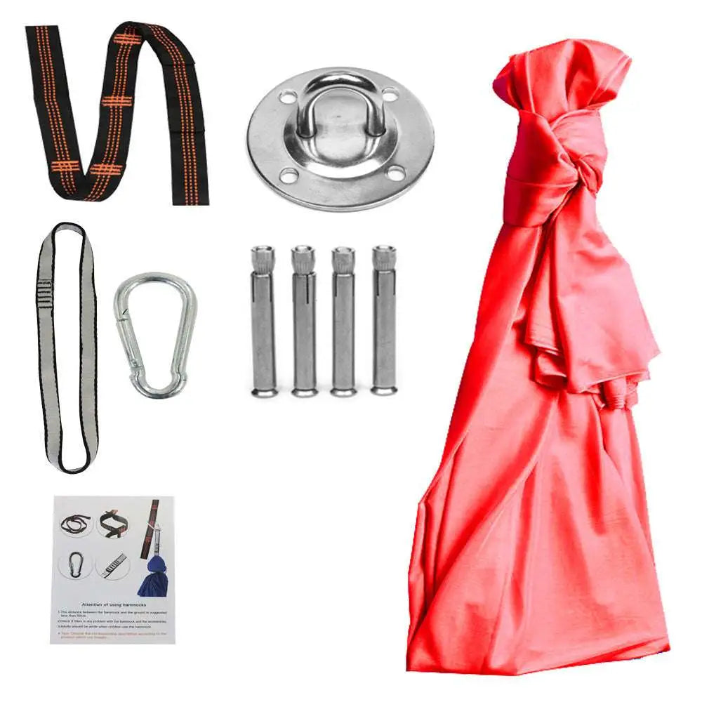 Vibrant red satin therapy swing sling with gathered top and flowing drape for cuddle swing and daisy chains use